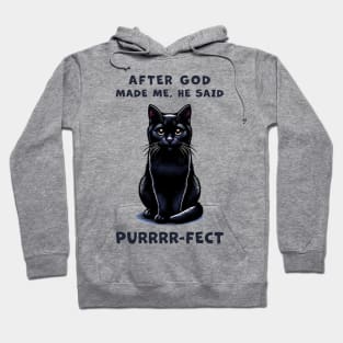 Black cat funny graphic t-shirt of cat saying "After God made me, he said Purrrr-fect." Hoodie